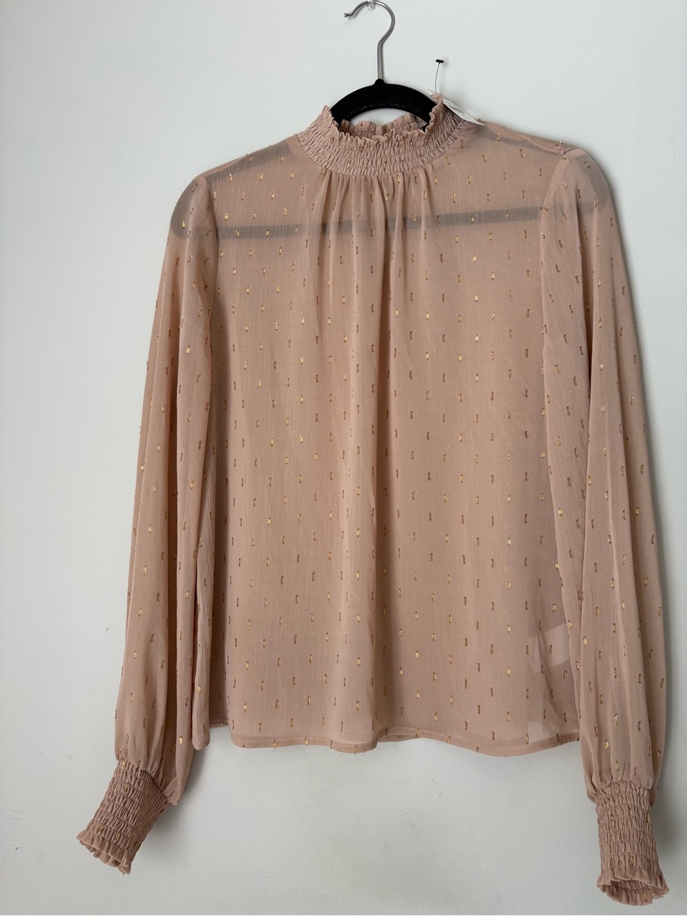 Express Blush Sheer Long-Sleeve Blouse with Gold Dot Detail Classic; Dressy